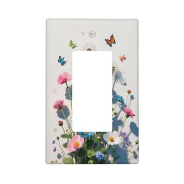 Imagem de HLCoChT Capas de interruptor de luz de arte decorativa, buquê de flores silvestres colorido, placa de interruptor de borboleta, enseada 1 gangue, tomada de balancim, placa decorativa para