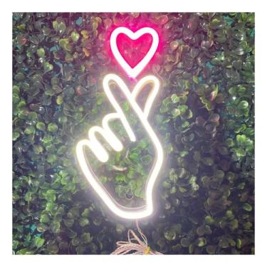Imagem de Placa Painel Luminoso Mão Coração Led Neon Quarto Sala Festa Branco E Rosa 127/220v