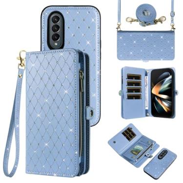 Imagem de Capa de celular para Samsung Galaxy Z Fold 4 5G 2022 com zíper carteira destacável com alça transversal alça de cordão bling glitter flip compartimento para cartão ZFold4 Z4 Fold4 4Z ZFold45G mulheres