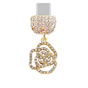 Imagem de ELISE & FONDA TP1019 Tipo-C porta de carregamento cristal antipoeira pequeno cristal flor rosa pingente de telefone celular para iPhone 15/16/Samsung/OnePlus/Xiaomi/oppo telefones Android (dourado)