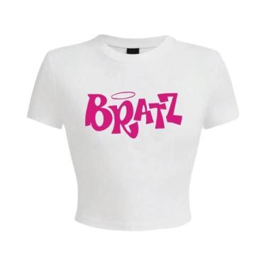 Imagem de Camiseta Cropped Feminina Rosa Y2K Com Estampa De Letras Bratz, Manga 