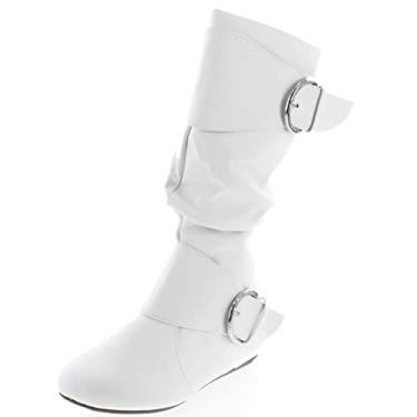 Imagem de Forever Link Bota feminina Klein-70 fechada bico redondo fivela despojado salto plano cano médio, Poliuretano branco, 34