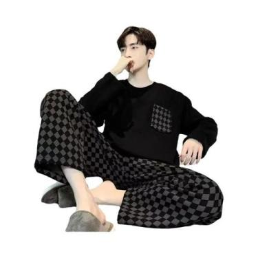 Imagem de Conjunto De Pijamas Masculinos plus Size Em Preto Com Estampa Xadrez E