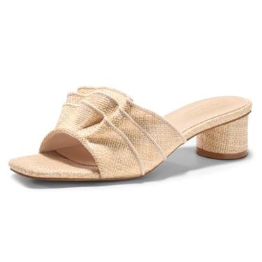Imagem de Coutgo Sandálias femininas Raffia de salto baixo grossas quadradas bico aberto mules babados sem cadarço verão sapatos sociais, Raffia cáqui, 36