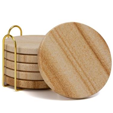 Imagem de YONGHEE Conjunto de 6 porta-copos de arenito com suporte, porta-copos de mármore redondos modernos elegantes para decoração de mesa de café, porta-copos de pedra absorvente para bebidas, 10 cm