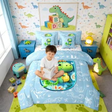 Imagem de Erosebridal Conjunto de edredom solteiro com dinossauro, 7 peças, letra J, dinossauro, monograma, para crianças e adultos, conjunto de cama para decoração de estilo de vida selvagem