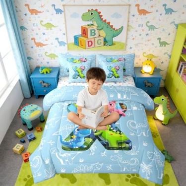 Imagem de Erosebridal Jogo de cama solteiro com letra X, 7 peças, dinossauro, 3D, com lençol com lençol com estampa de dinossauro, animais da selva, para crianças e adultos, conjunto de cama com monograma de