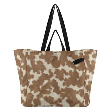 Imagem de SEHANY Sacolas de compras reutilizáveis com estampa de vaca marrom e branca com alças reforçadas, bolsa de compras de lona dobrável à prova d'água de grande capacidade para viagem, cozinha, praia