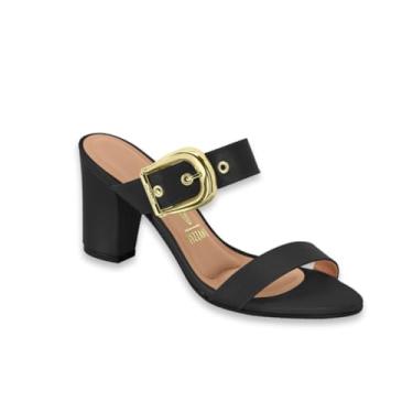 Imagem de Vizzano Sandálias femininas de salto com alça de fivela, (4 cores) preto dourado, azeitona, bege, preto, Preto, 5 Wide