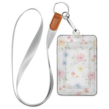 Imagem de Burbuja Porta-crachá de couro com cordão, etiqueta de identificação de flores em aquarela com 1 janela transparente para identidade e 2 compartimentos para cartão para escritório, enfermeira