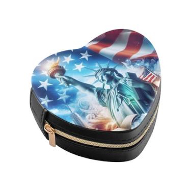 Imagem de Burbuja Mini caixa de joias em forma de coração com bandeira da estátua da liberdade para mulheres e meninas, estojo portátil organizador de armazenamento para brincos, anéis, colares e pulseiras