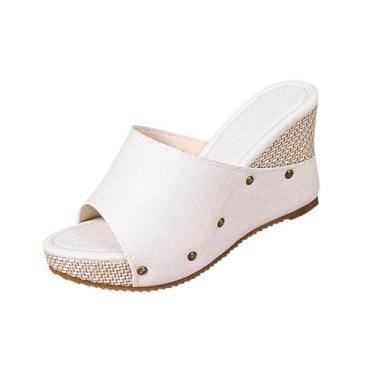 Imagem de Sandálias femininas de palha para primavera, verão, sapatos casuais confortáveis com salto de 8,5 cm, Branco, 38
