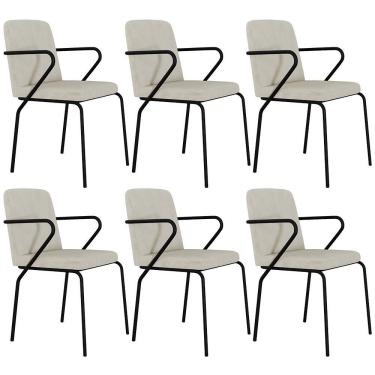 Imagem de Kit 06 Cadeiras Estofada Para Sala De Jantar Com Braço Loft Preto C01 Bouclê Vanilla - Lyam Decor