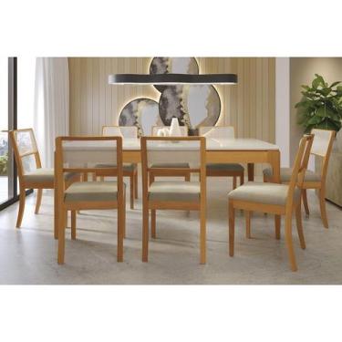Imagem de Conjunto Mesa Mira Premium Madeira Maciça c/ Tampo Madeirado c/ Vidro 