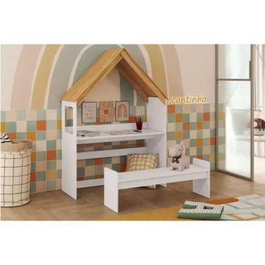 Imagem de Mesa Cabeceira Infantil Casinha C- Banco 0 Gavetas MDF Moderno Branco Amêndoa