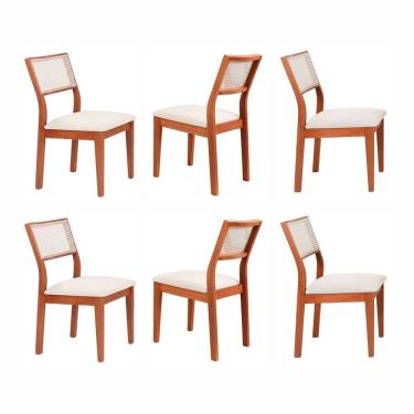 Imagem de Kit 6 Cadeiras Madeira Maciça com Estofado e Fibra Natural Rattan Maya Espresso Móveis Cinamomo/Off White