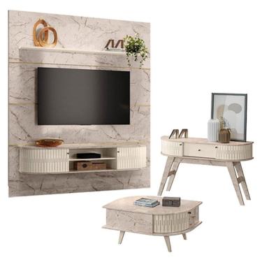 Imagem de Estante Home Theater com Bancada Suspensa Bugatti com Aparador Estoril e Mesa de Centro Indianápolis Calacata Off White – Madetec