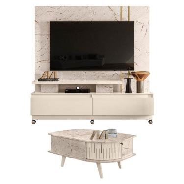 Imagem de Estante Home Theater New Apolo com Rodízios com Mesa de Centro Indianápolis Calacata Off White – Madetec