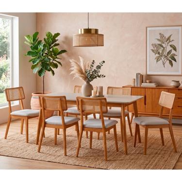 Imagem de Sala de Jantar 6 Lugares Graziela Mesa e Cadeiras Madeira Macica Telinha Rattan Moveis Mix