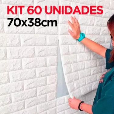 Imagem de Kit 60 Placas Autocolante 3D Parede Tijolo Branco Lavável Fácil Instal