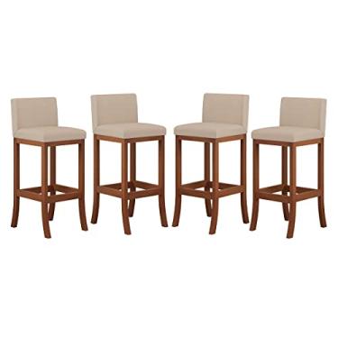 Imagem de Kit 4 Banquetas Média Encosto Estofado 38x88Cm Ilha Espanha Madeira Maciça Castanho Suede Bege - CCS