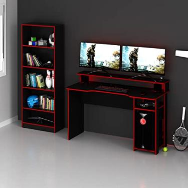 Imagem de Kit Gamer Mesa Escrivaninha Para 2 Monitores + Estante Cor: Preto com Vermelho