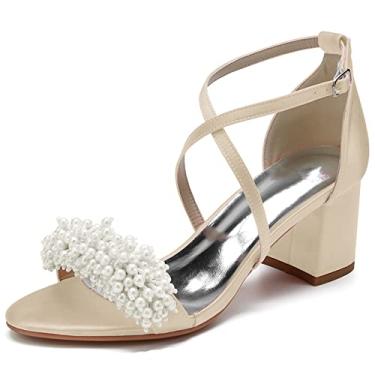 Imagem de Sapatos de casamento de cetim para noivas marfim salto alto aberto sapatos de salto grosso com pérola 35-43,Champagne,2 UK/35 EU