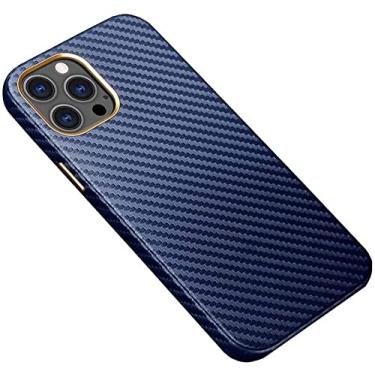 Imagem de IOTUP para Apple iPhone 12 e iPhone 12 Pro 6,1 polegadas capa traseira de telefone, capa de telefone de couro de textura de fibra de carbono [proteção de tela e câmera] (cor: azul)