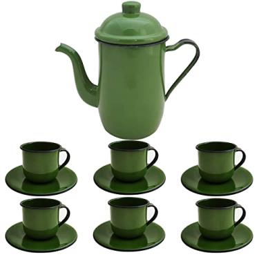 Imagem de Kit Bule De Café E Chá Com 6 Xícaras e Pires Aço Esmaltado Verde Botânico