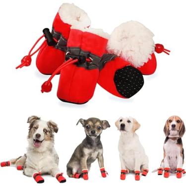 Imagem de YAODHAOD Sapatos para cães para inverno, botas de cachorro e protetores de patas, botas de neve quentes de lã para filhote com tira refletiva sola de borracha antiderrapante para cães de tamanho pequeno e médio, tamanho 7: 2,3 "x1,9 polegadas (CxLxC), vermelho