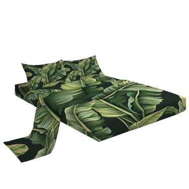 Imagem de Eojctoy Jogo de lençol ultramacio com tema de folhas de palmeira verde, 4 peças, fácil de cuidar com lençol solteiro com bolso profundo de 40,6 cm, confortável e respirável para casa