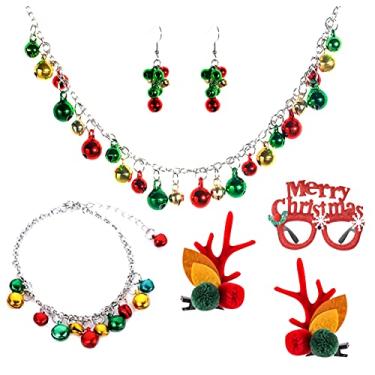Imagem de LAKIYOYO Conjunto de 5 peças de joias de sino de Natal para mulheres, colar de sino de Natal e pulseira, brincos pendentes para festa de Natal, óculos de Natal, joias para meninas adolescentes, Zinco,