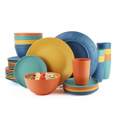 Imagem de Conjunto de louça de palha de trigo de plástico inquebrável de 40 peças - multicolorido, conjunto de pratos para 8 pessoas para jantar, pratos, tigelas, xícaras e pratos de aperitivo - perfeito para