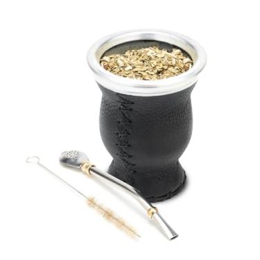 Imagem de BALIBETOV [Novo] Conjunto de cabaca de erva mate de couro e vidro (copo de mate) com bomba de erva mate (canudo) (preto)