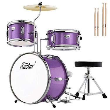 Imagem de Eastar Conjunto de bateria de 35,5 cm para iniciantes, kit de bateria júnior de 3 peças com caixa de baixo tom, trono ajustável, prato, pedal e dois pares de baquetas, roxo metálico