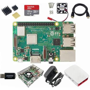 Imagem de Kit de iniciante completo 8 em 1 Raspberry Pi 3 modelo B + (B Plus) módulo e duas capas, cabo HDMI, cartão SD 32G, kit de dissipador de calor e ventilador