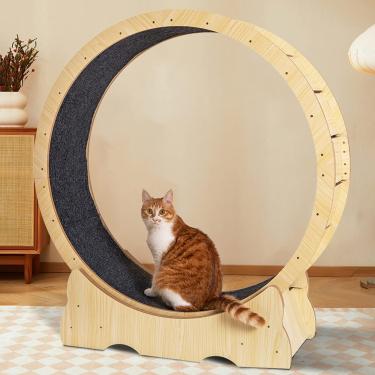 Imagem de Esteira para gatos de grãos de madeira silenciosa e sem lacunas, roda de corrida para gatos de canto redondo interno com dispositivo de travamento e carpete removível, fácil de instalar, uma