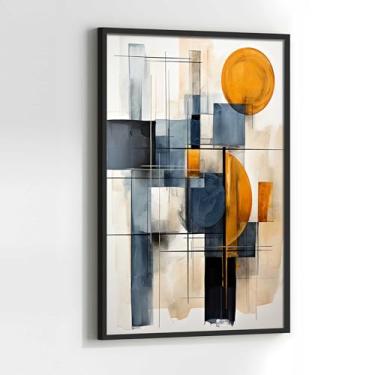 Imagem de Quadro Abstrato Bege Laranja e Azul com Moldura Decorativo 40x60 Sala de jantar Quarto Decoração Vertical Parede