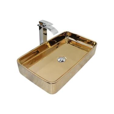 Imagem de Kit Cuba Pia Louça Cerâmica Banheiro C/Torn E Vál Cromada 77 - Smart N