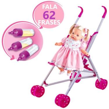 Imagem de Kit Boneca Anglina Loira 62 Frases 45 cm + Carrinho Dobrável - Milk Br