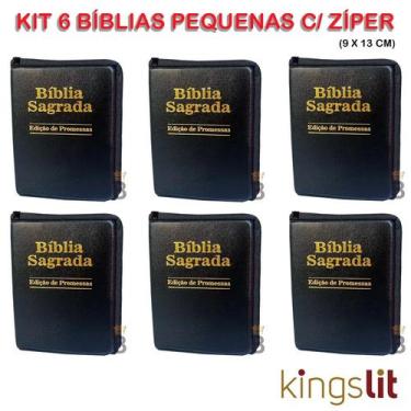 Imagem de Kit 6 Bíblias Sagradas Pequena Zíper - Preta - 9x13 cm - REI DAS BIBLI
