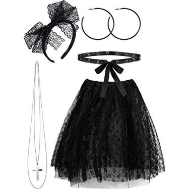 Imagem de Conjunto de acessórios de fantasia dos anos 80, faixa de renda, saia tutu, brincos de argola retrô, colar de cruz rebite na cintura, vestido chique para festa retrô