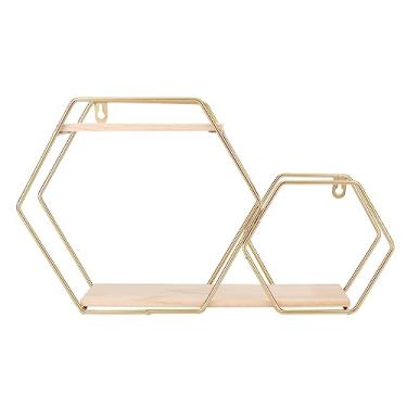 Imagem de Prateleiras Flutuantes, Montadas na Parede Hexágono Metal Madeira Prateleiras de Parede Prateleira de Parede para Casa Banheiro Quarto Escritório Decoração de Sala de Estar (Ouro)