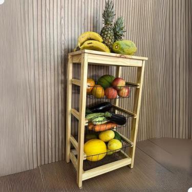 Imagem de Fruteira de Madeira Com Tampo 3 Andares Com Cesto Organizador - Beto M