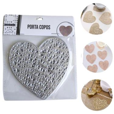 Imagem de 6 Porta Copos Descanso de mesa em Formato de Coração 11cm - Fx, Prata