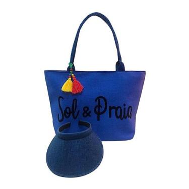 Imagem de Kit Bolsa Feminina Azul e Viseira Viagem Verão Piscina Praia Premium -