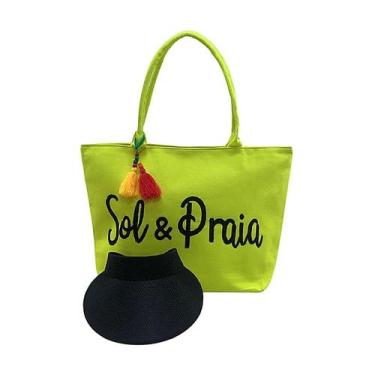 Imagem de Kit Bolsa Feminina Amarela e Viseira Viagem Verão Piscina Praia Premiu