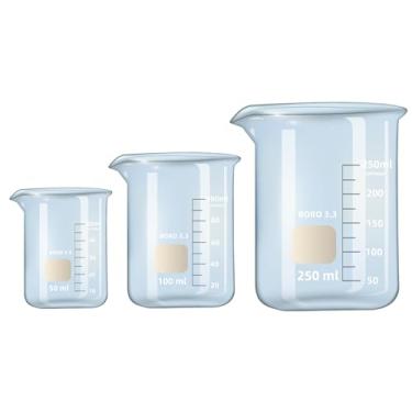 Imagem de Conjunto de copos de vidro, 3,3 copos de vidro boro, copo de vidro de medição baixa para laboratório, salas de aula, casa, industrial, etc. (10 ml, 50 ml, 100 ml, 250 ml))