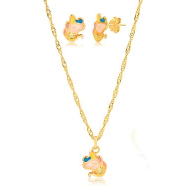 Imagem de Genérico Conjunto Infantil Banhado a Ouro 18K Colar Com Pingente e Brinco - Unicórnio em Resina