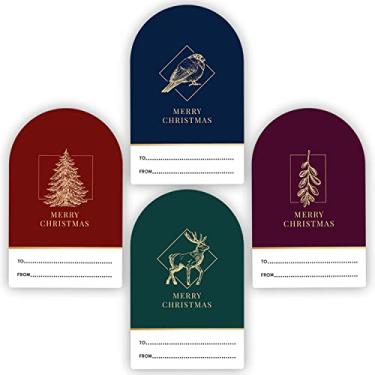 Imagem de Etiquetas adesivas de Natal Easykart 200 com design de folha dourada (4 designs sortidos), tamanho de 5 x 7 cm para decoração de Natal e embalagem de presente (1 pacote)